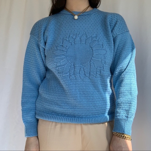 Vintage Sky Blue Subtle Sunflower Chunky Sweater M - Picture 4 of 5